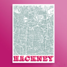 Load image into Gallery viewer, A screen-printed map poster of Hackney, featuring a light teal-and-white street grid with bold pink text at the bottom, set against a solid pink background.