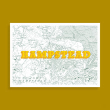 Load image into Gallery viewer, A vintage-style map print of Hampstead with large yellow text reading 'HAMPSTEAD' across the centre, against a mustard yellow background.