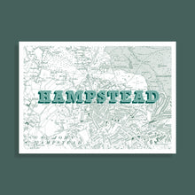 Load image into Gallery viewer, A screen-printed art print featuring the word 'HAMPSTEAD' in large teal letters over a vintage-style map, shown centred on a dark green backdrop.
