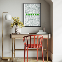 Load image into Gallery viewer, Framed vintage Peckham London map print displayed in a modern home office