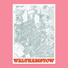Load image into Gallery viewer, Vintage Walthamstow map art print in orange showing the streets of North East London