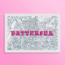 Load image into Gallery viewer, Hand screen-printed vintage map of Battersea, London in teal and pink tones, featuring detailed 1890s cartography with modern typography, signed by the artist and sized 50cm x 70cm.
