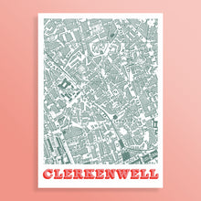 Load image into Gallery viewer, A vertical art print featuring a detailed street map of Clerkenwell in muted green-gray tones on a white background, with the word 'CLERKENWELL' in bold red letters at the bottom. The print is centered against a solid coral-pink background.
