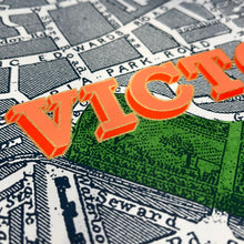 Load image into Gallery viewer, Close-up detail of orange typography on the Victoria Park London map screen print

