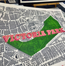 Load image into Gallery viewer, Close-up of hand-screen-printed Victoria Park map art showing detailed London cartography

