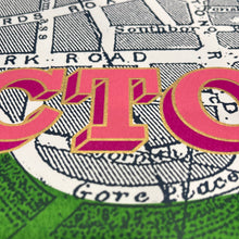 Load image into Gallery viewer, Close-up of a graphic print featuring large pink 3D-style letters outlined in gold over a black-and-white street map background with green at the bottom.
